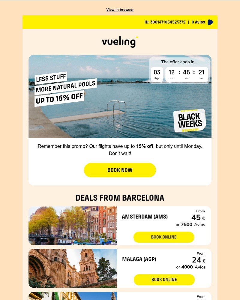 Screenshot of email sent to a Vueling Registered user