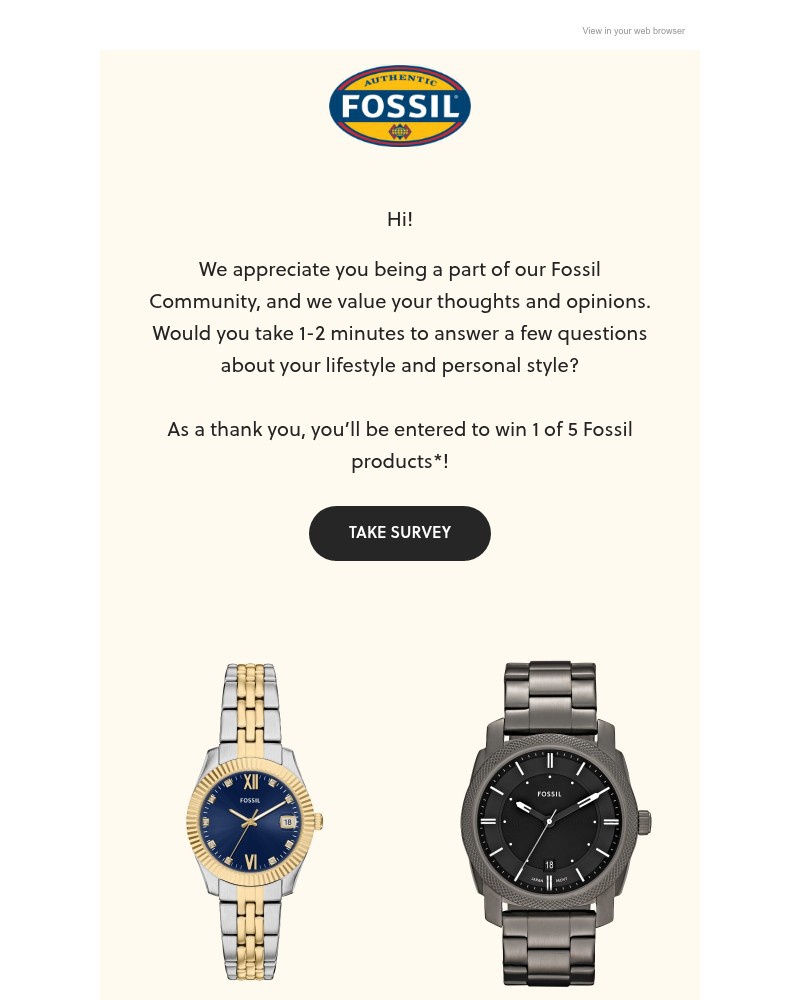 Screenshot of email sent to a Fossil Newsletter subscriber