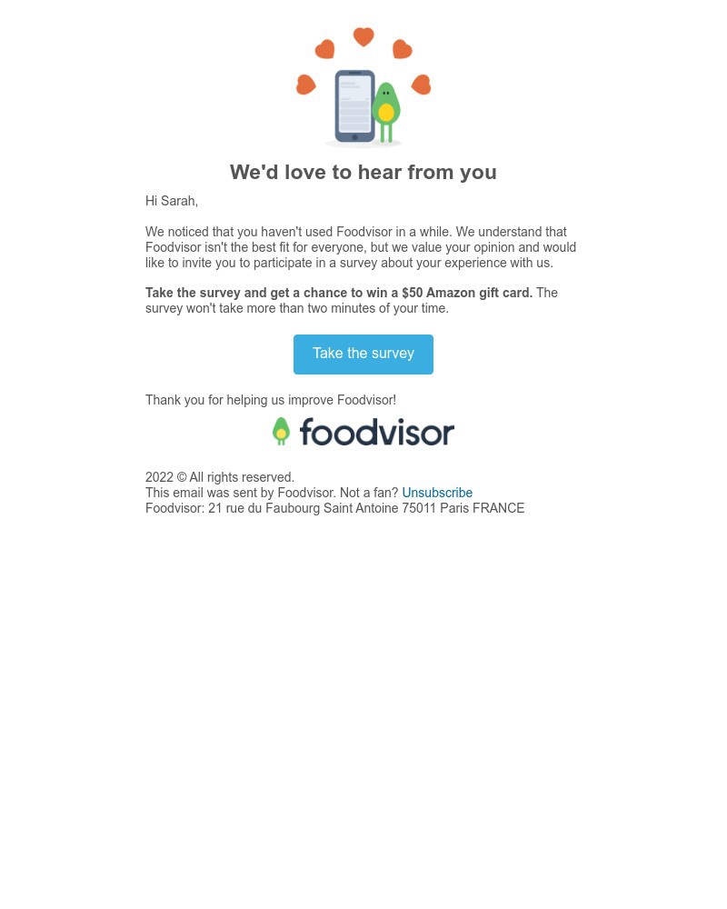 Screenshot of email sent to a Foodvisor Registered user