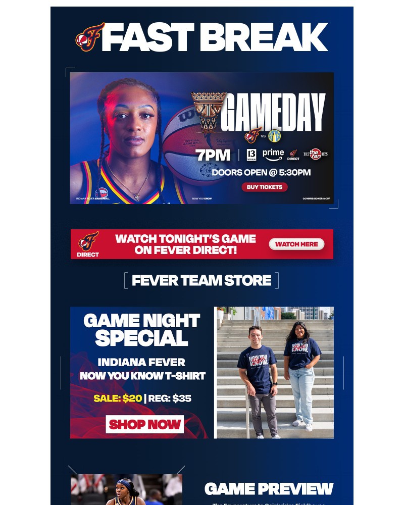 Screenshot of email sent to a Indiana Fever Newsletter subscriber