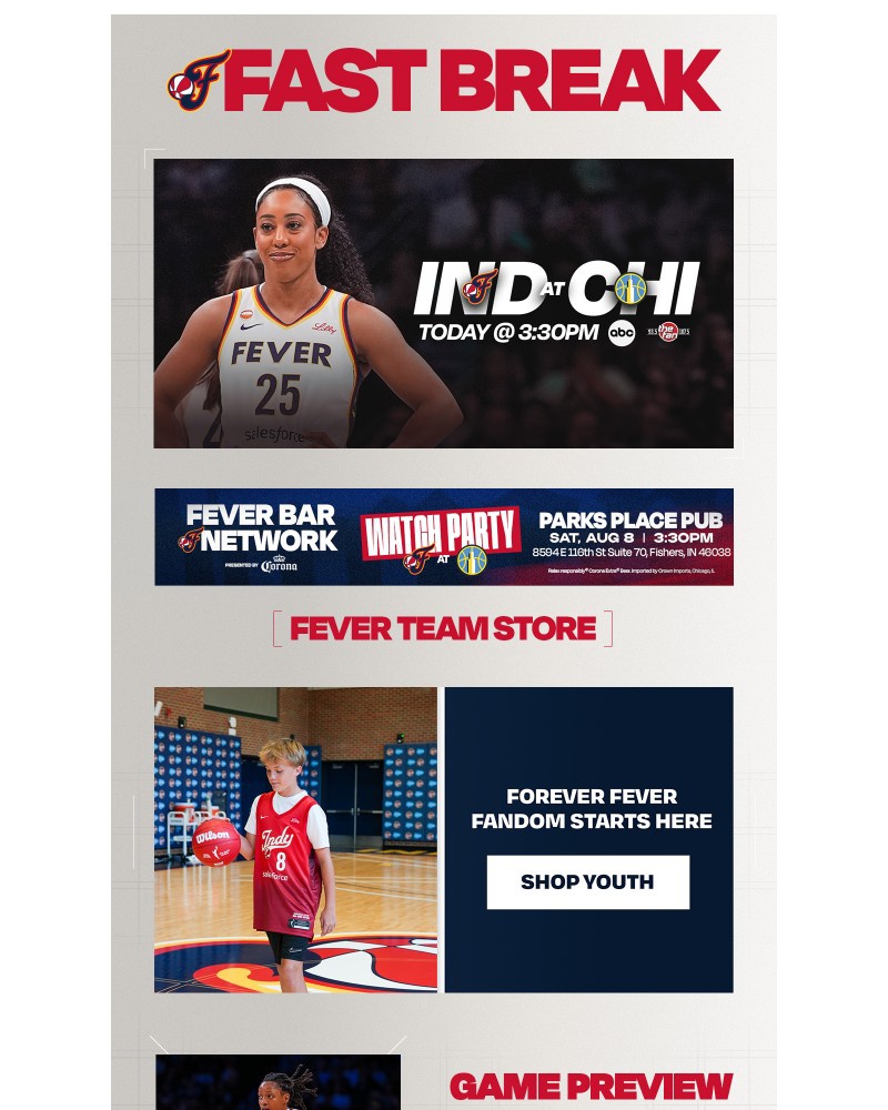 Screenshot of email sent to a Indiana Fever Newsletter subscriber