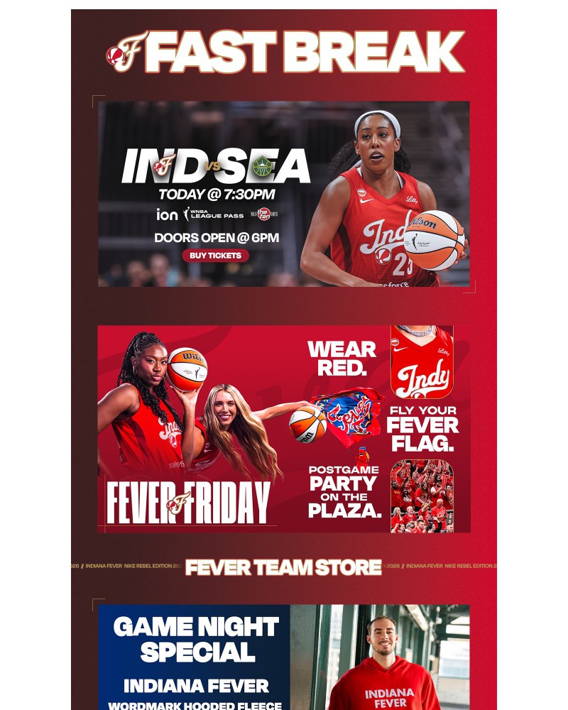 Screenshot of email sent to a Indiana Fever Newsletter subscriber