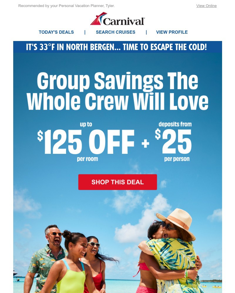 Screenshot of email sent to a Carnival Cruise Line Registered user