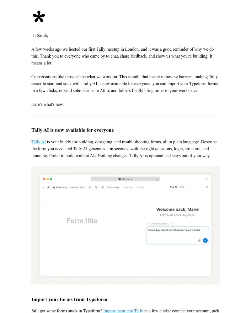 Screenshot of email sent to a Tally Registered user