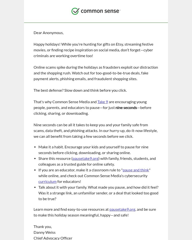 Screenshot of email sent to a Common Sense Newsletter subscriber