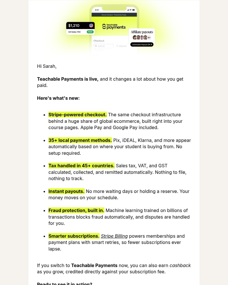 Screenshot of email sent to a Teachable Registered user