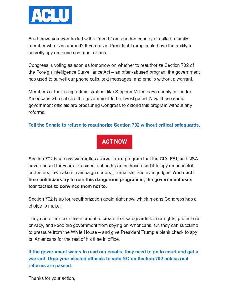 Screenshot of email with subject /media/emails/tell-president-trump-to-get-a-warrant-0d3a9a-cropped-3a2d0d73.jpg