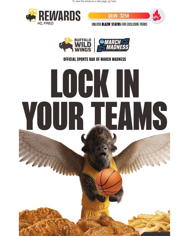 Screenshot of email sent to a Buffalo Wild Wings Registered user