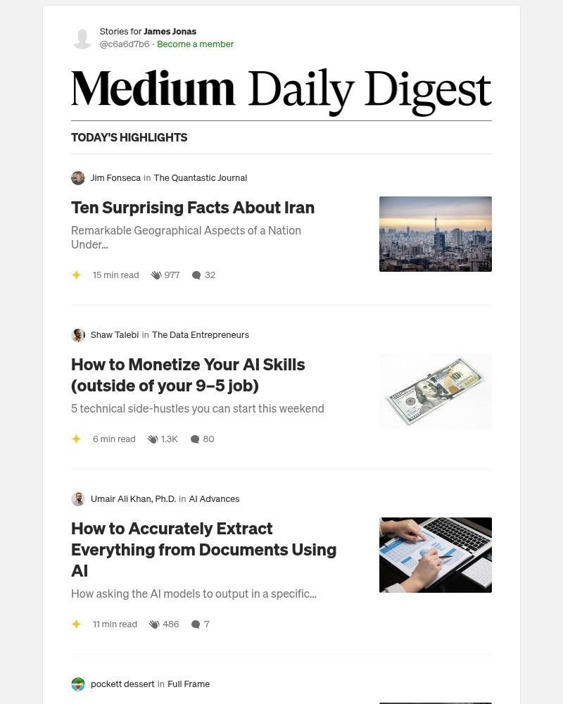Screenshot of email sent to a Medium Registered user