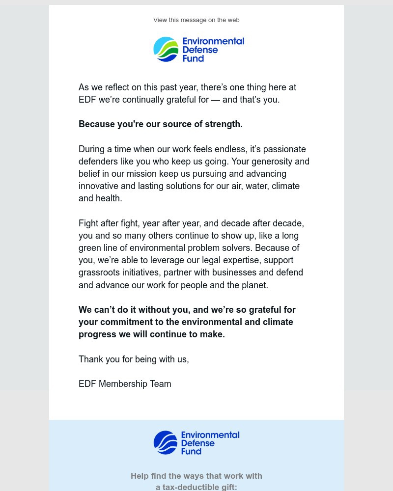 Screenshot of email sent to a Environmental Defense Fund Newsletter subscriber