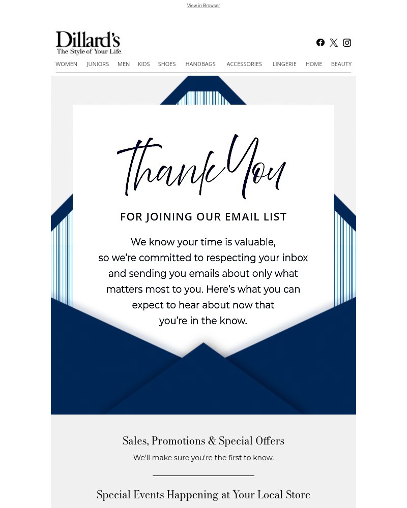Screenshot of email sent to a Dillards Newsletter subscriber