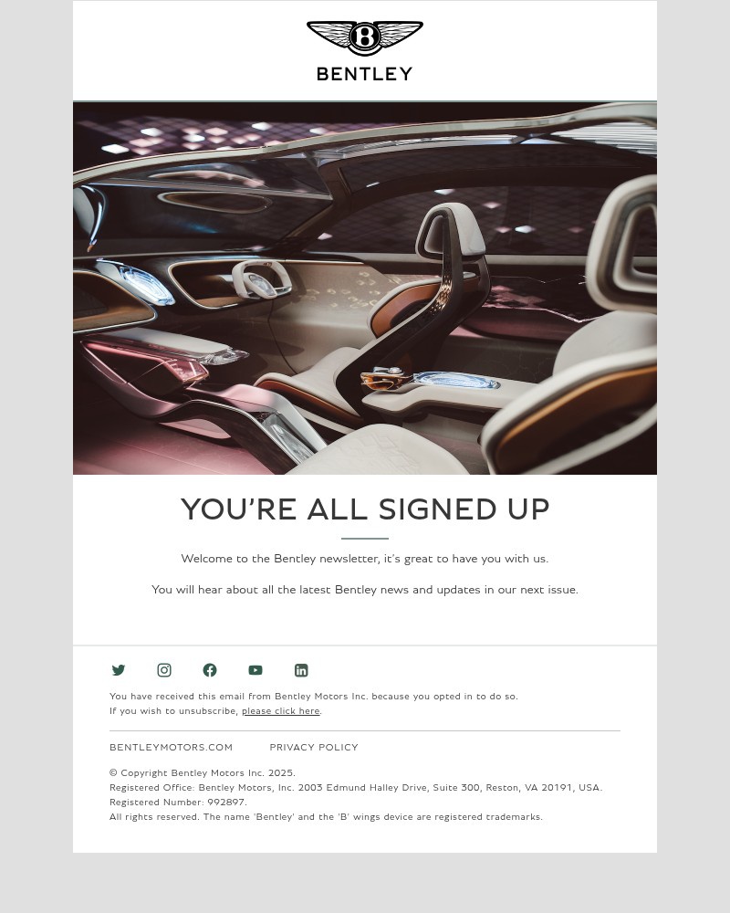 Screenshot of email sent to a Bentley Motors Newsletter subscriber