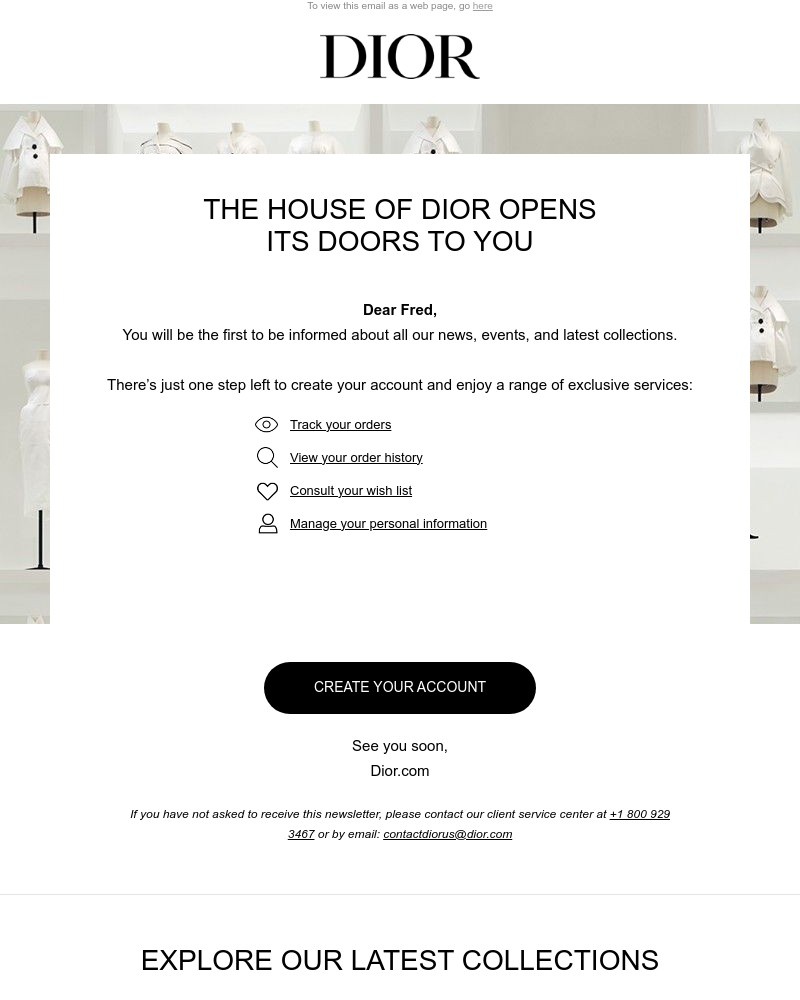 Screenshot of email sent to a Dior Newsletter subscriber