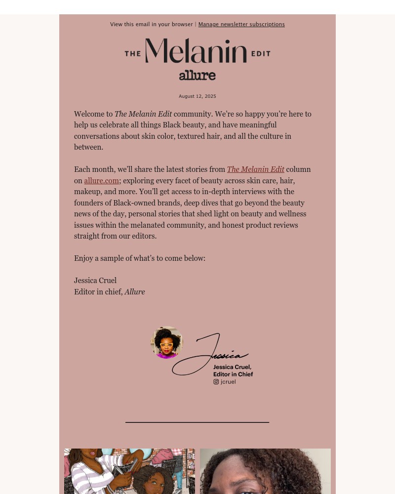 Screenshot of email sent to a Allure Newsletter subscriber