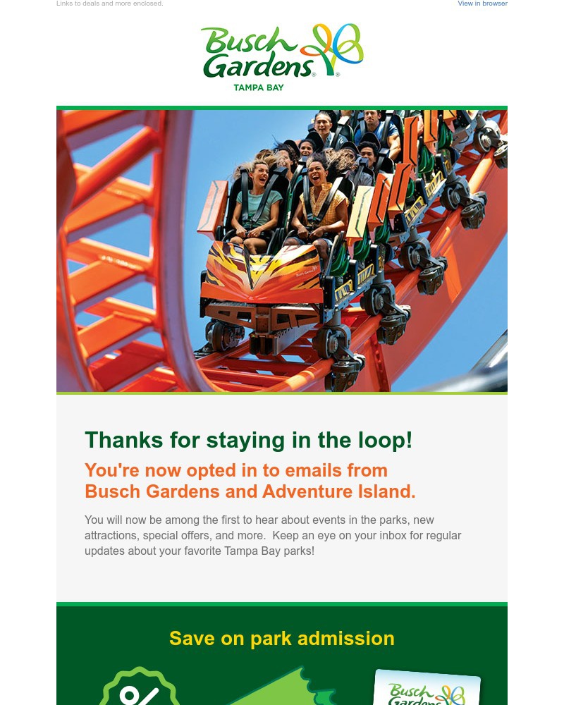 Screenshot of email sent to a Busch Gardens Newsletter subscriber