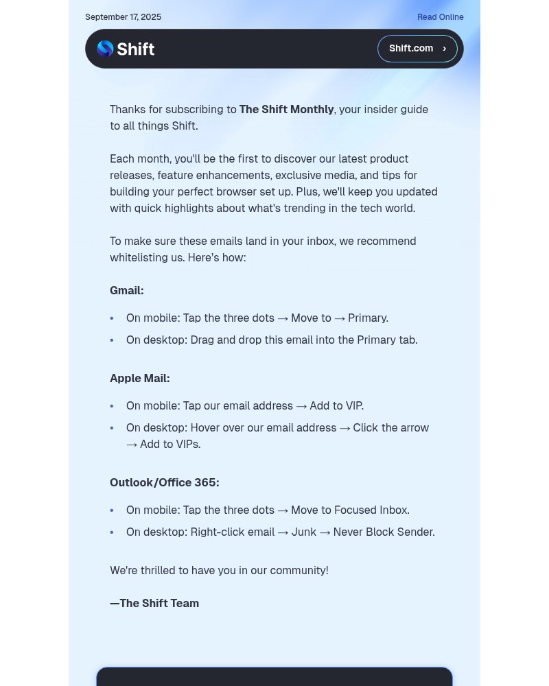 Screenshot of email sent to a Shift Newsletter subscriber