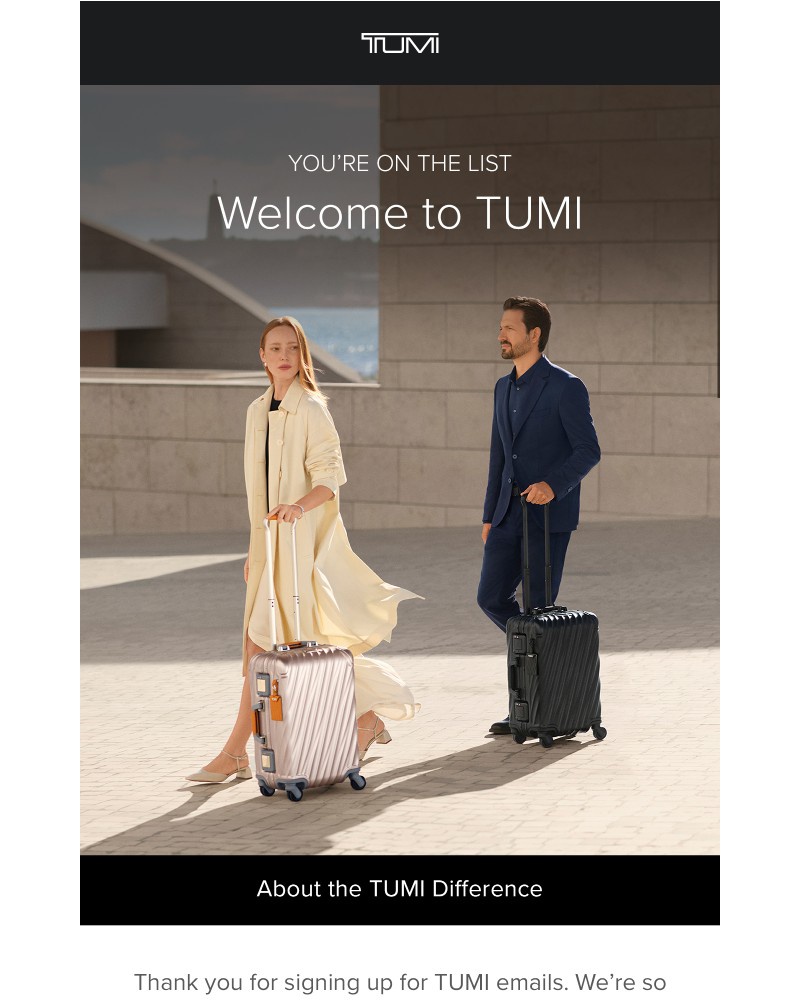 Screenshot of email sent to a Tumi Newsletter subscriber