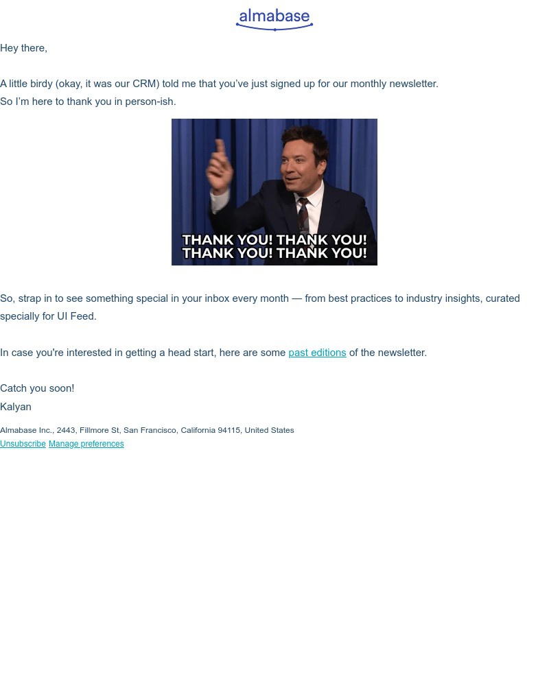 Screenshot of email sent to a Almabase Newsletter subscriber