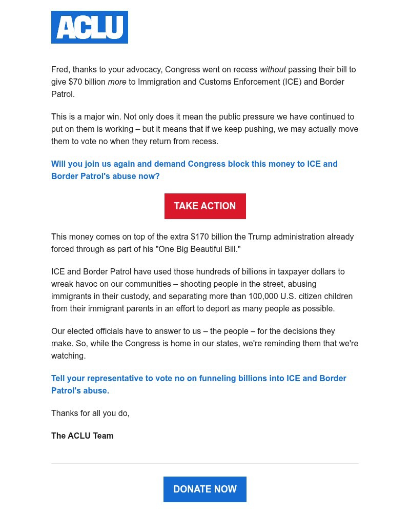 Screenshot of email sent to a American Civil Liberties Union Newsletter subscriber