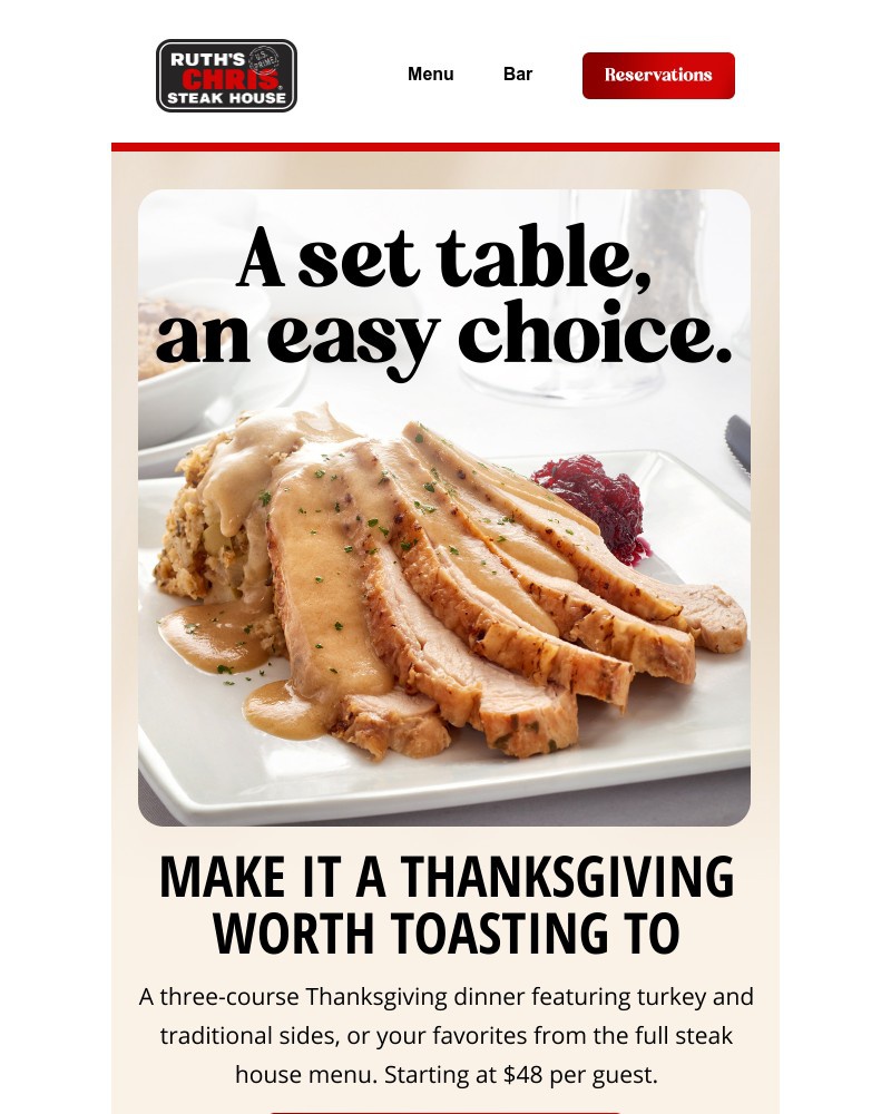 Screenshot of email sent to a Ruth’s Chris Newsletter subscriber
