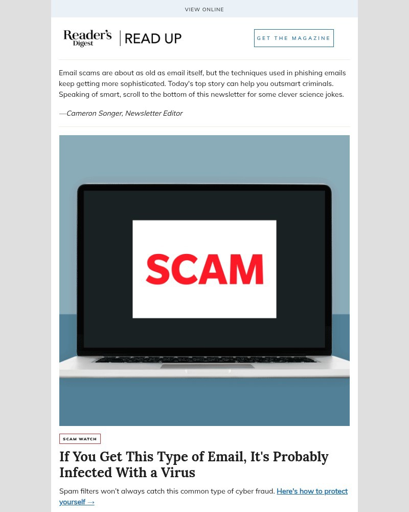 Screenshot of email sent to a Reader’s Digest Newsletter subscriber