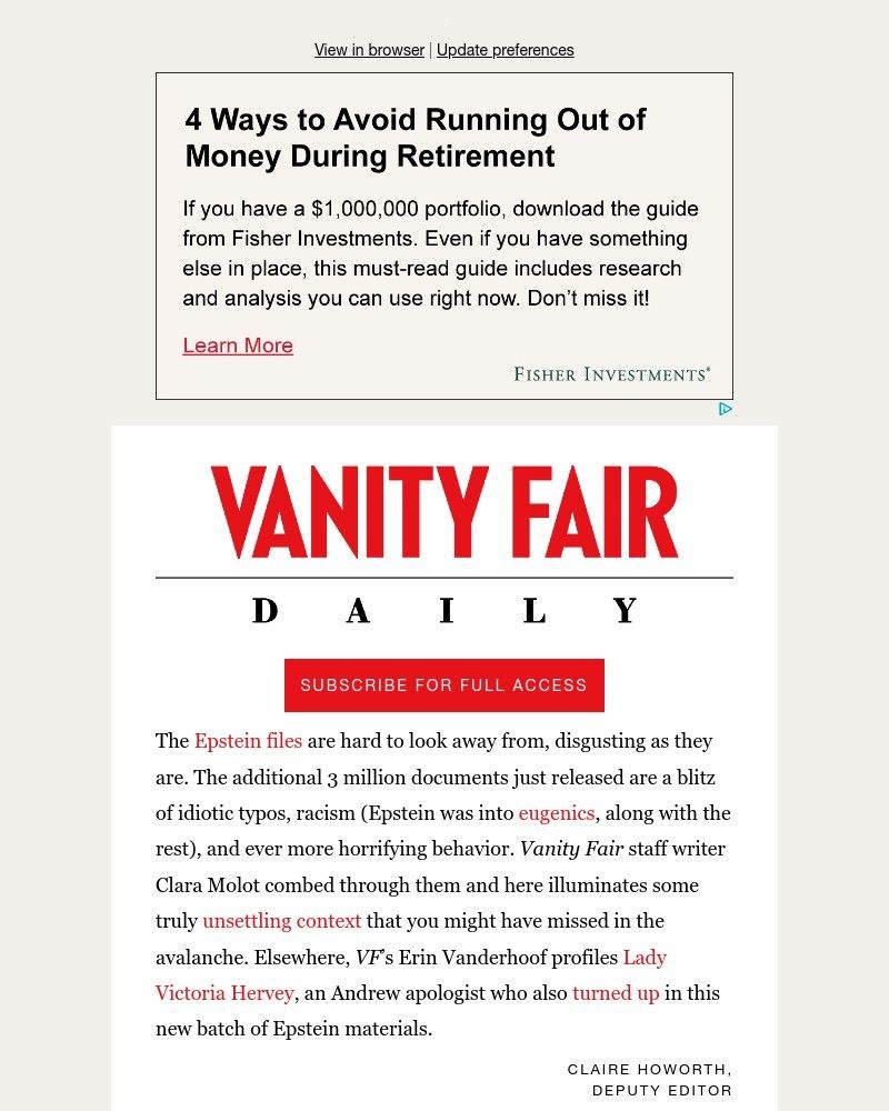 Screenshot of email sent to a Vanity Fair Newsletter subscriber
