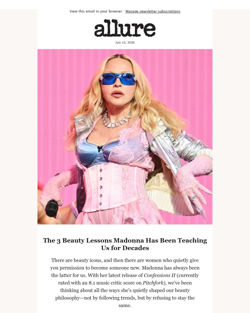 Screenshot of email sent to a allure Newsletter subscriber