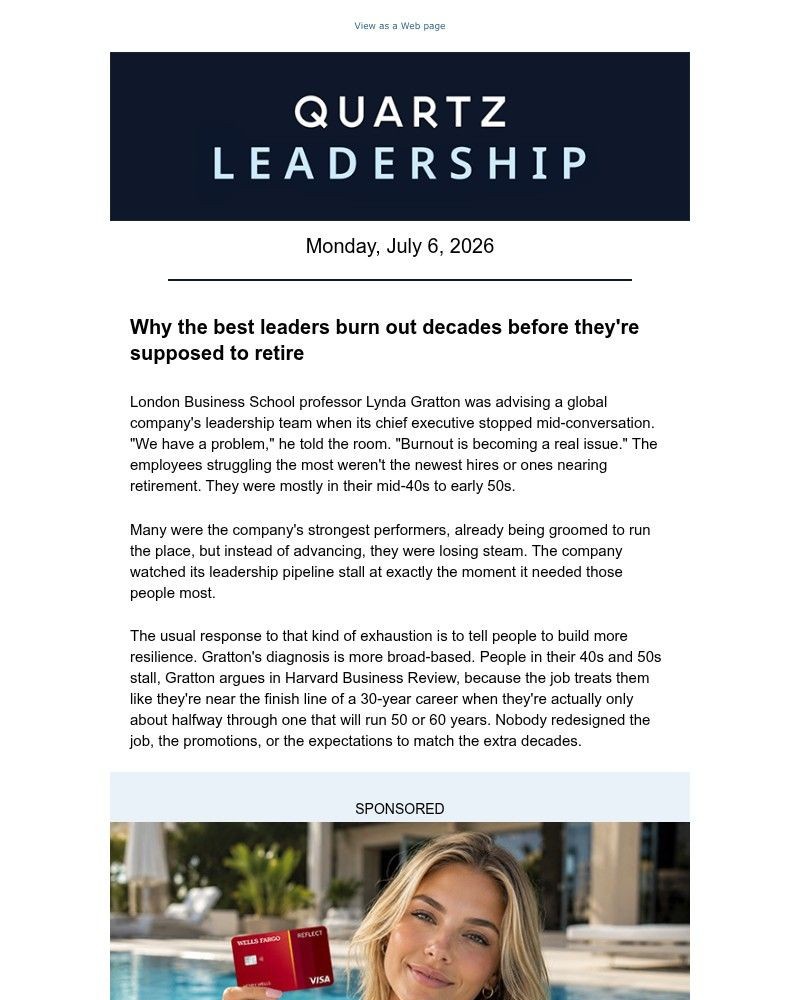 Screenshot of email sent to a Quartz Newsletter subscriber