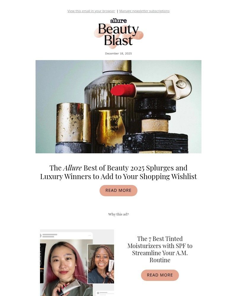 Screenshot of email sent to a allure Newsletter subscriber