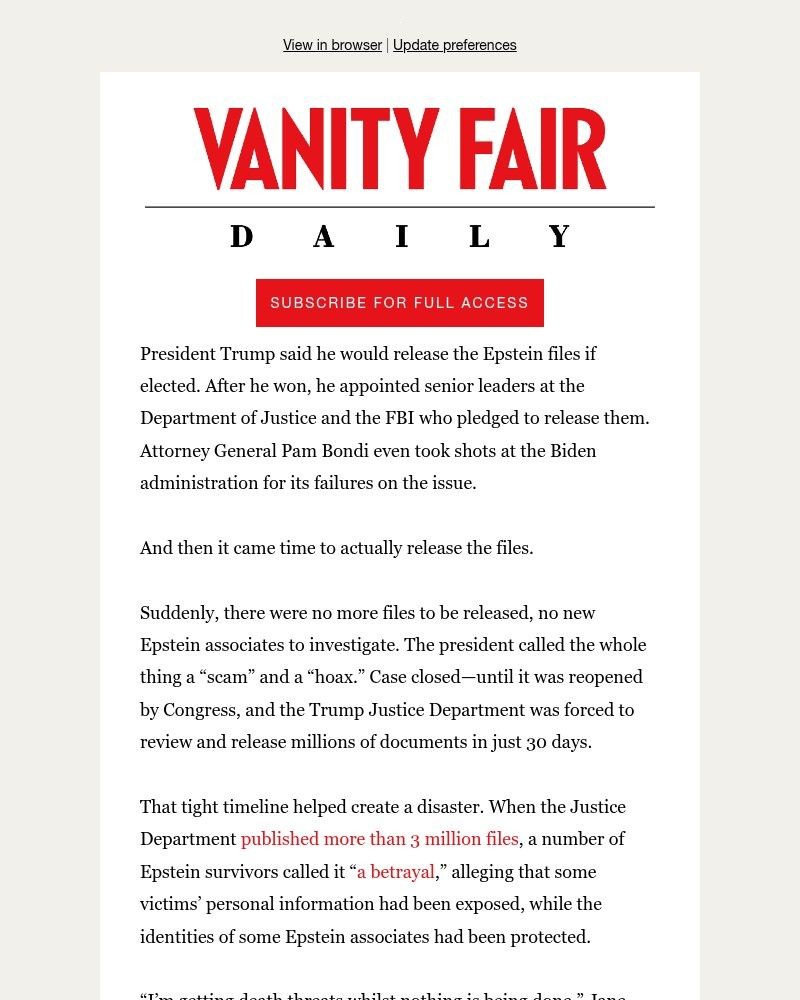 Screenshot of email sent to a Vanity Fair Newsletter subscriber