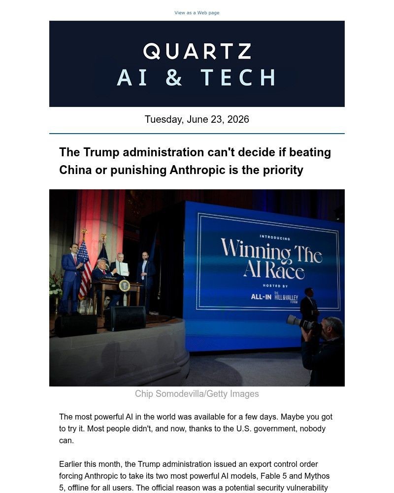 Screenshot of email sent to a Quartz Newsletter subscriber