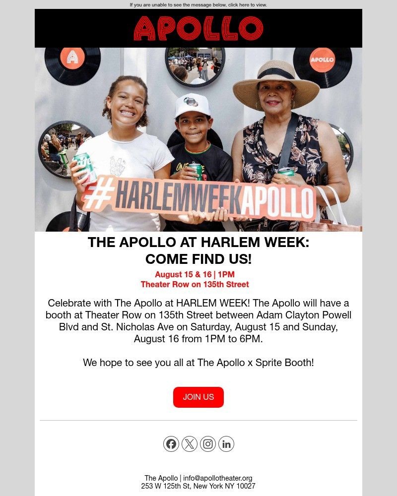 Screenshot of email sent to a Apollo Theater Newsletter subscriber