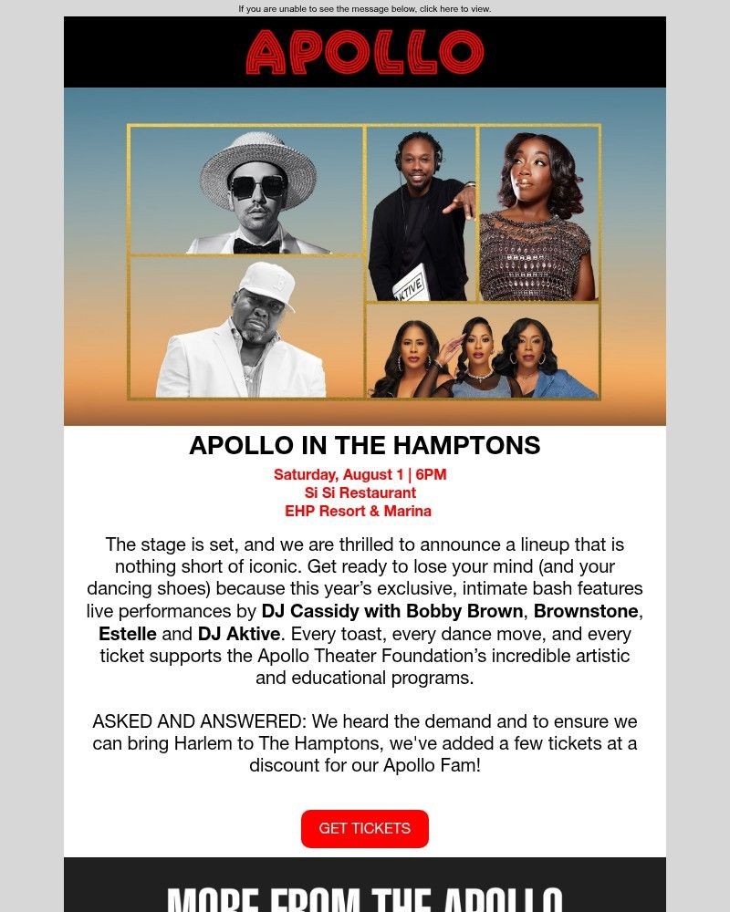 Screenshot of email sent to a Apollo Theater Newsletter subscriber