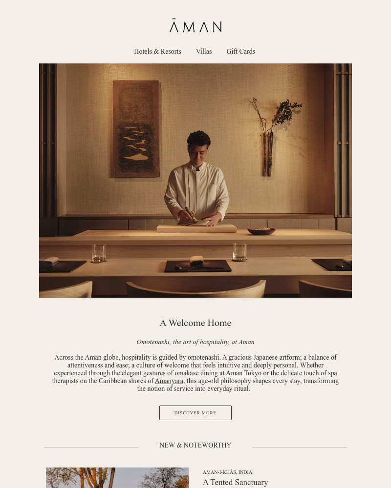 Screenshot of email sent to a Aman Resorts Newsletter subscriber