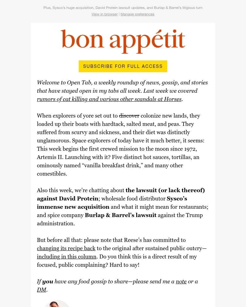 Screenshot of email sent to a Bon Appétit Newsletter subscriber