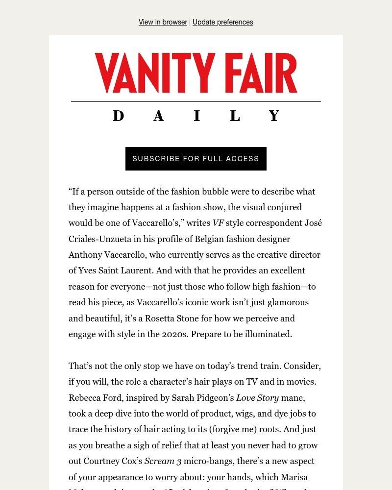 Screenshot of email sent to a Vanity Fair Newsletter subscriber