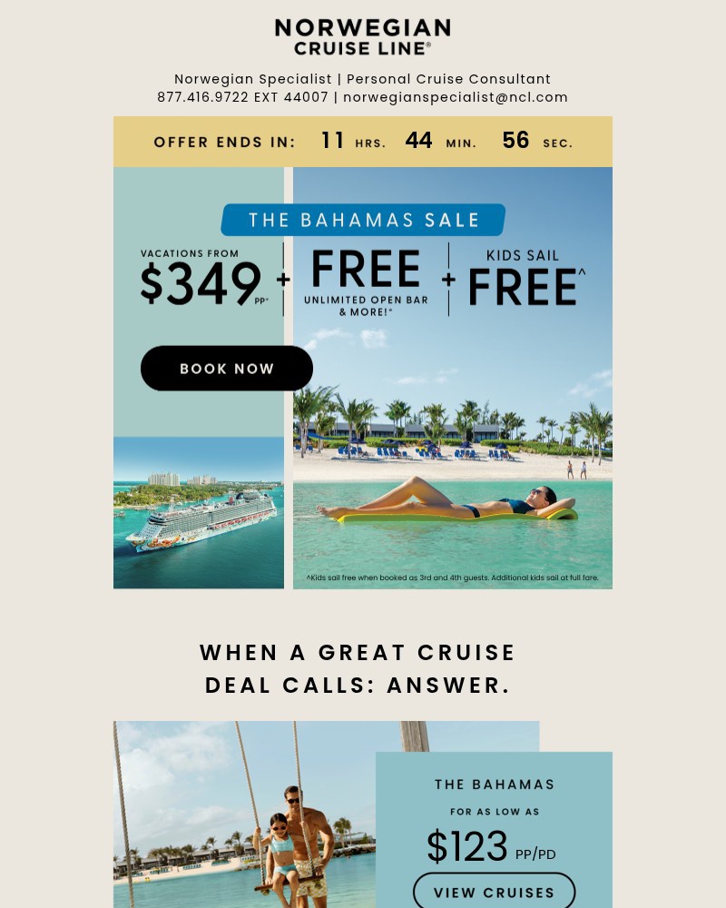 Screenshot of email sent to a Norwegian Cruise Line Newsletter subscriber