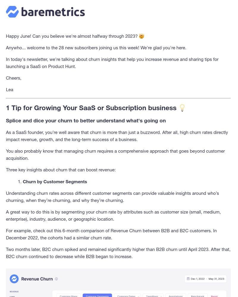Screenshot of email with subject /media/emails/the-baremetrics-newsletter-7-churn-insights-that-boost-revenue-how-to-launch-on-p_KEf9mqH.jpg