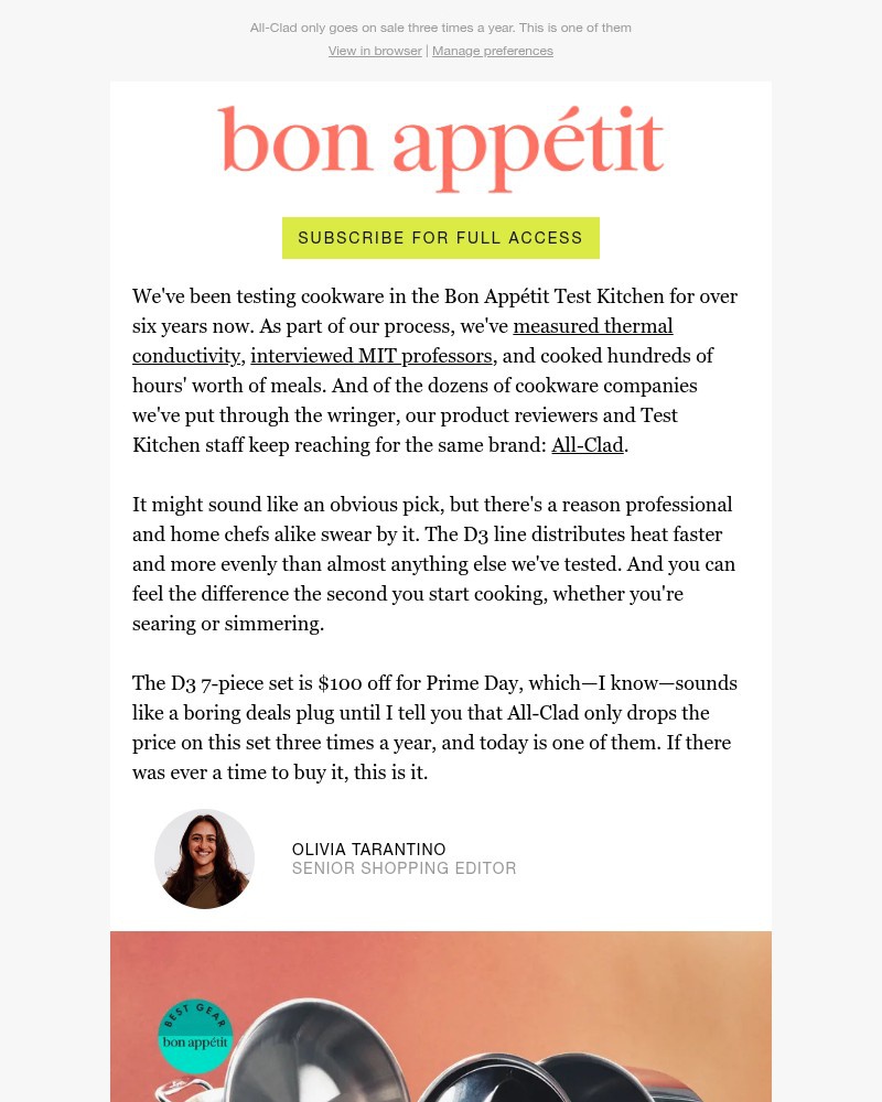 Screenshot of email sent to a Bon Appétit Newsletter subscriber