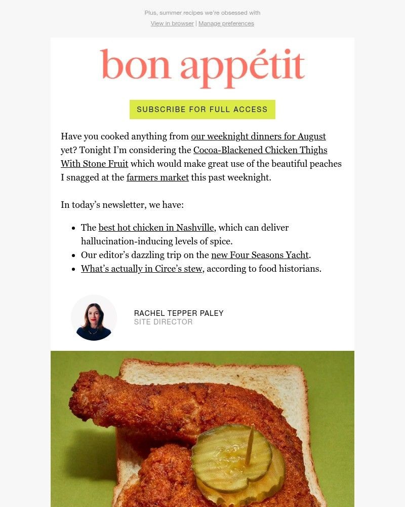 Screenshot of email sent to a Bon Appétit Newsletter subscriber