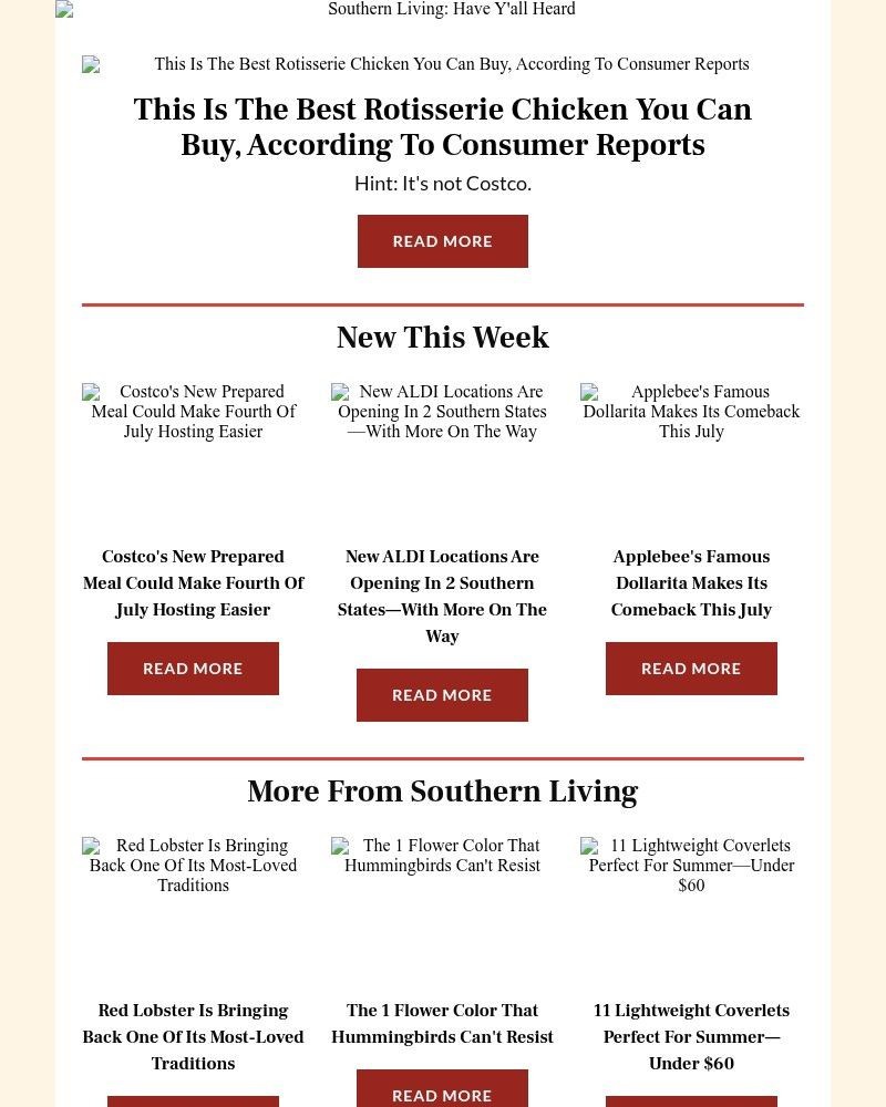 Screenshot of email sent to a Southern Living Newsletter subscriber