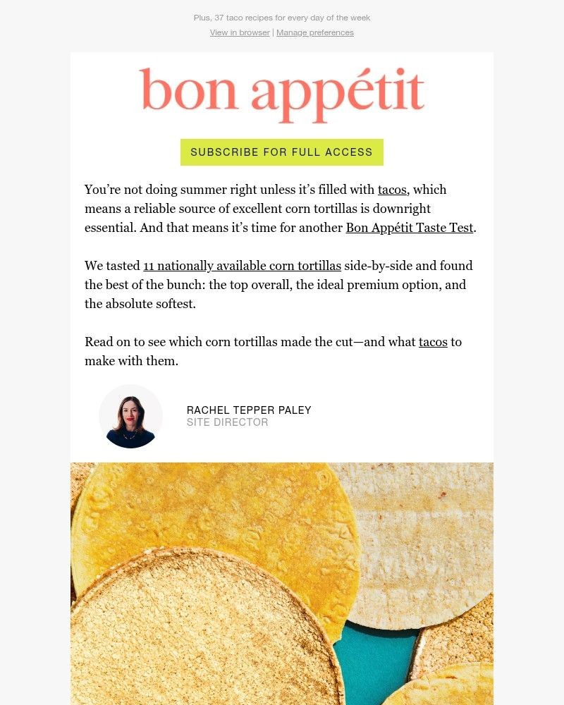 Screenshot of email sent to a Bon Appétit Newsletter subscriber