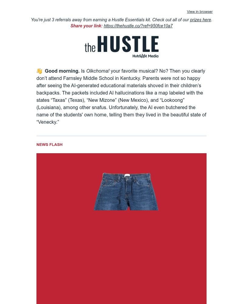 Screenshot of email sent to a The Hustle Newsletter subscriber