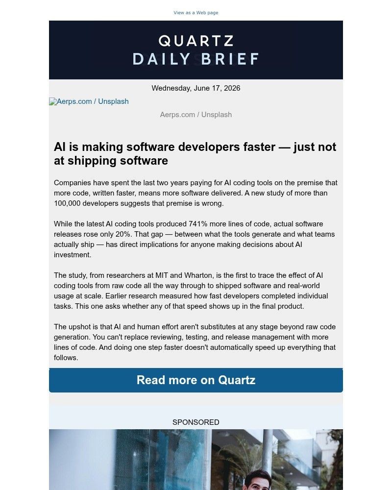 Screenshot of email sent to a Quartz Newsletter subscriber