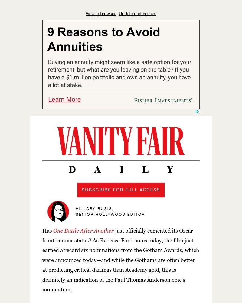 Screenshot of email sent to a Vanity Fair Newsletter subscriber