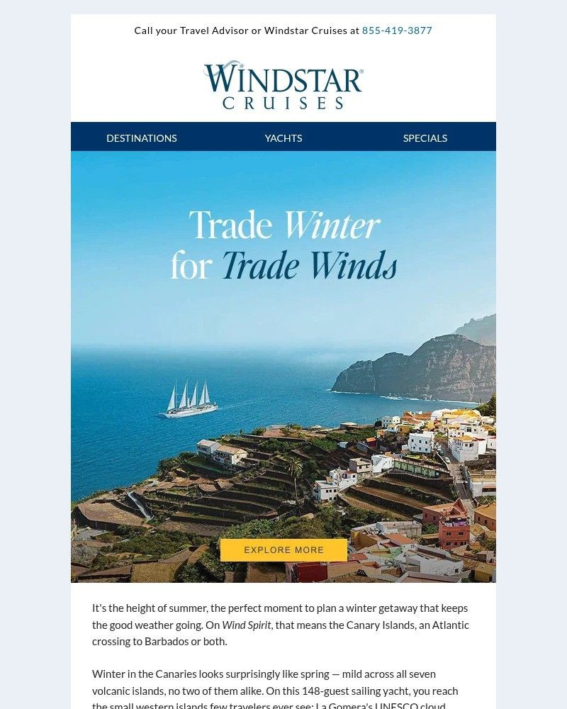 Screenshot of email sent to a Windstar Cruises Newsletter subscriber