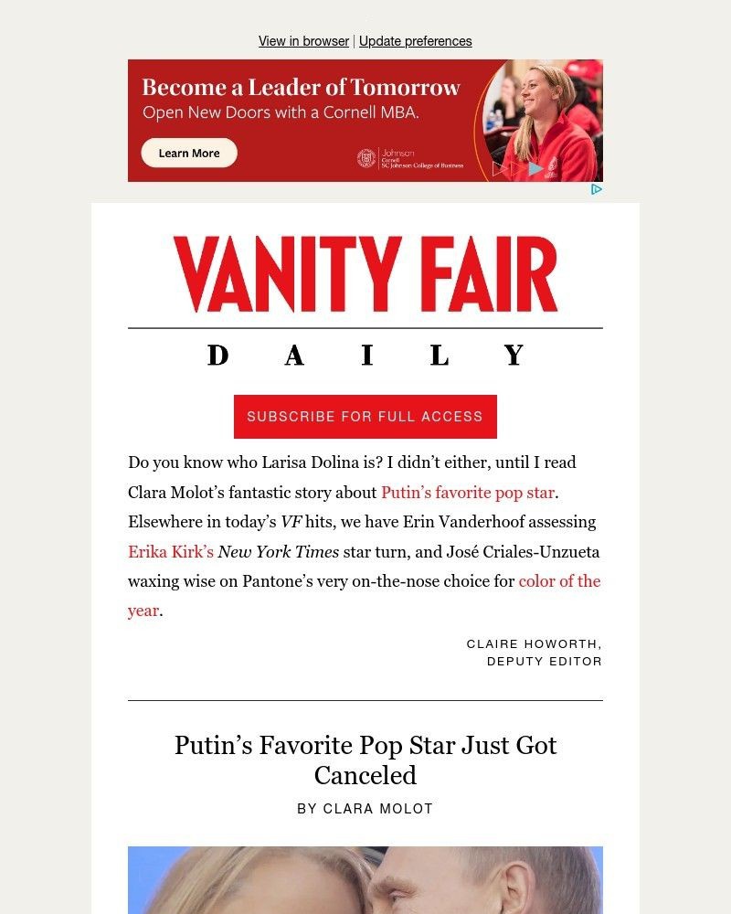 Screenshot of email sent to a Vanity Fair Newsletter subscriber
