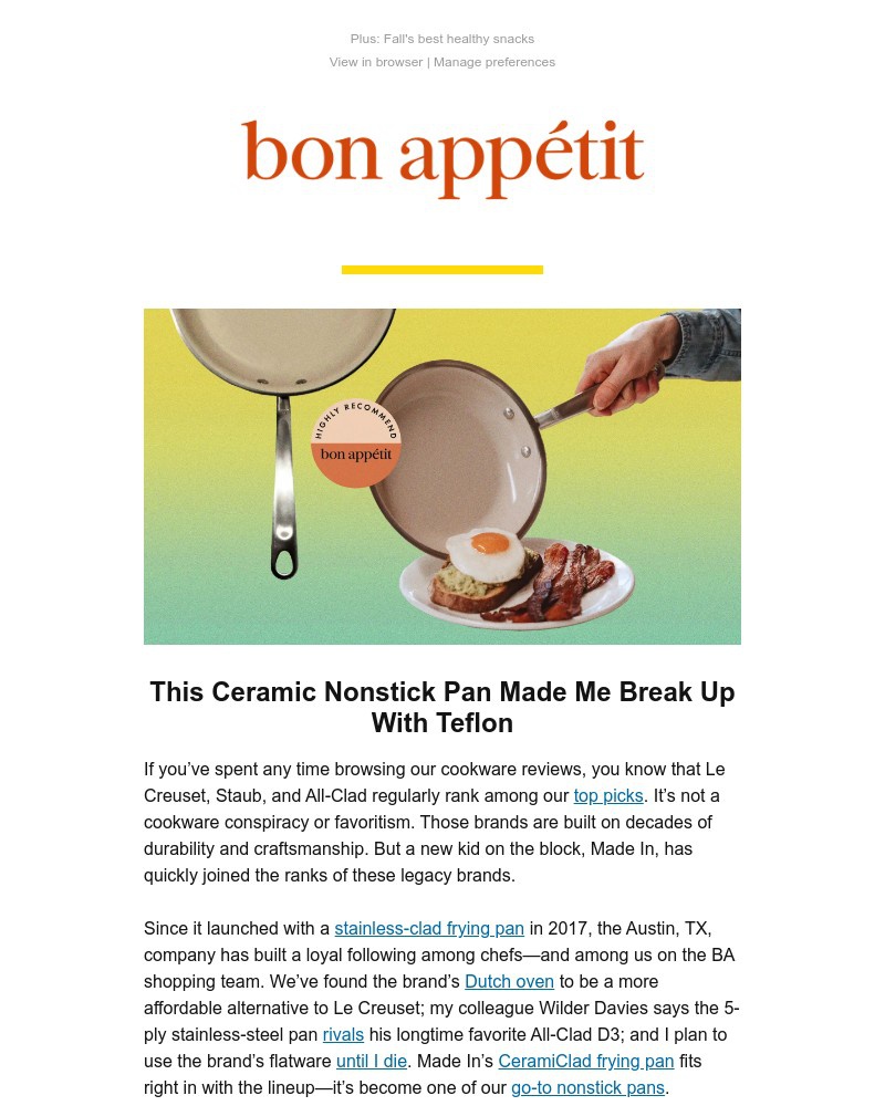 Screenshot of email sent to a Bon Appétit Newsletter subscriber