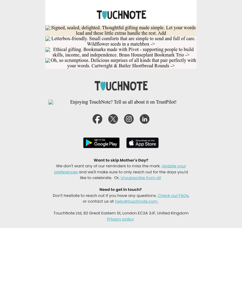 Screenshot of email sent to a TouchNote Customer