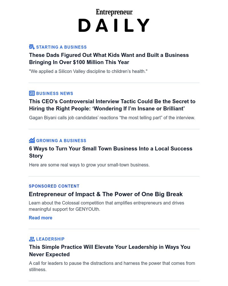 Screenshot of email sent to a Entrepreneur Newsletter subscriber